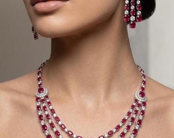Rode meerlaagse kristallen bruidssieradenset, 4-delige ketting armband oorbellen ring