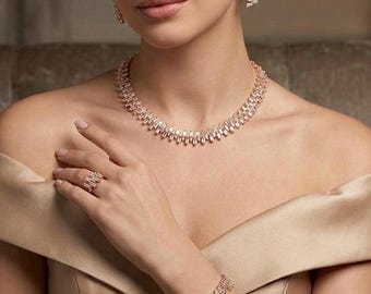 Gouden stokbrood kristallen sieradenset, 4-delige ketting armband oorbellen ring, modern bruids