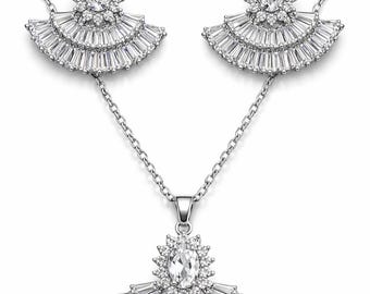 Art deco waaierketting oorbellen set | Stokbrood CZ kristallen bruidssieraden