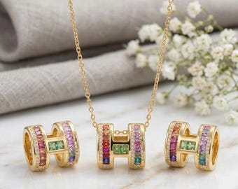 18k Gold Plated H-Shape Pendant Necklace Earrings Set | Pave CZ Geometric Barrel Jewelry