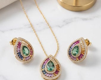Peervormige CZ bruidssieradenset – Halo-hangerketting, oorknopjes, 18k verguld