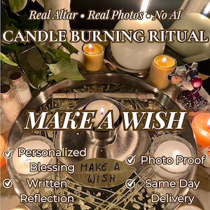 May include: A silver metal tray holds several lit candles in glass holders, a central tea light, and a bay leaf inscribed with the text MAKE A WISH. The image includes the text Real Altar, Real Photos, No AI, CANDLE BURNING RITUAL, MAKE A WISH, Personalized Blessing, Photo Proof, Written Reflection, and Same Day Delivery.