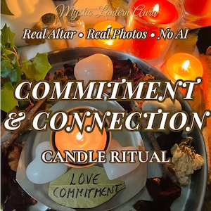 May include: A silver tray holds a lit candle in a glass holder, surrounded by heart-shaped stones, dried leaves, and petals. A leaf with the text LOVE COMMITMENT is visible. Text overlays read Mystic Lantern Aura, Real Altar, Real Photos, No AI, COMMITMENT & CONNECTION, and CANDLE RITUAL.