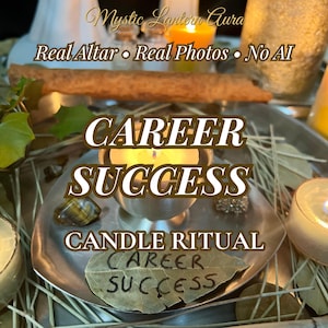 May include: A silver-toned metal bowl containing a lit candle, surrounded by scattered dried leaves and small stones on a tray. The text "CAREER SUCCESS" is overlaid in white with a brown outline, and a leaf with "CAREER SUCCESS" written on it.