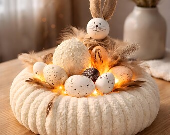 Easter wreath with LED lights and bunny | Illuminated spring decoration | Handmade Easter table decoration | Farmhouse boho style