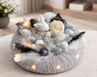 Easter wreath with rabbit & rose candle | Illuminated spring decoration | Modern Easter table decoration | Scandinavian style