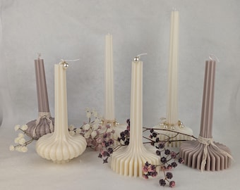 Handmade taper candle with base – grooved candle in cream & taupe, modern decorative gift idea