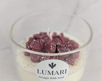 Burgundy Flower Candle in a Glass – Handmade Flower Candle in Bordeaux – Elegant Gift Idea for Women – Luxury Decorative Candle – Lumari