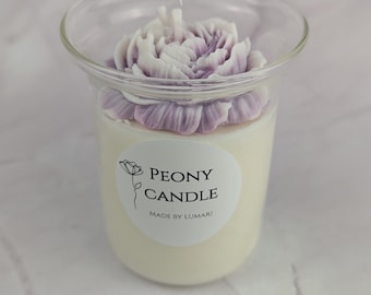 Peony Candle Purple White in Glass – Handmade Peony Candle – Elegant Decorative Candle – Gift Idea for Women – Luxury Floral Candle