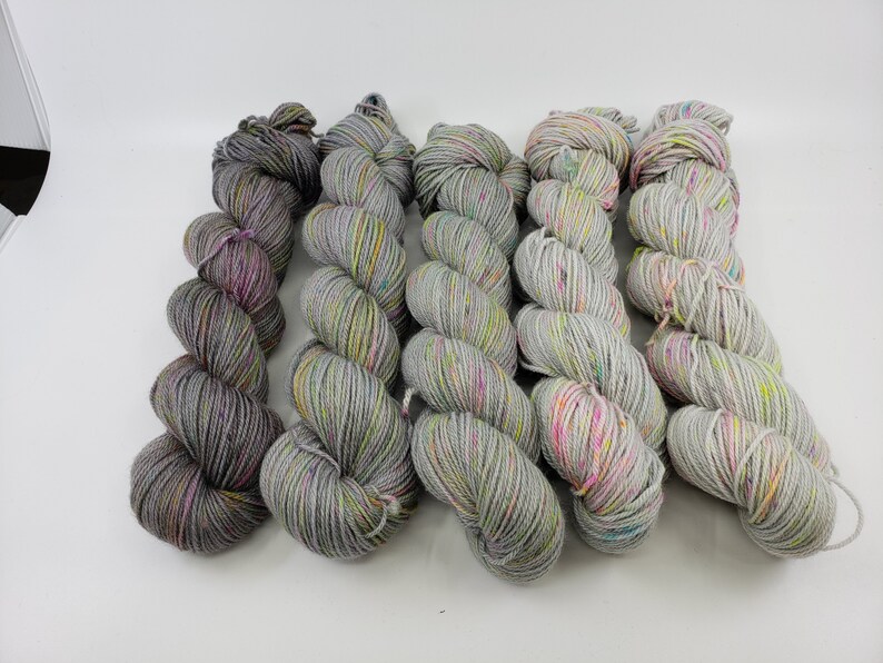 Polwarth wool DK yarn gradient kit 1625yds grey gradient with neon speckles 5 skeins