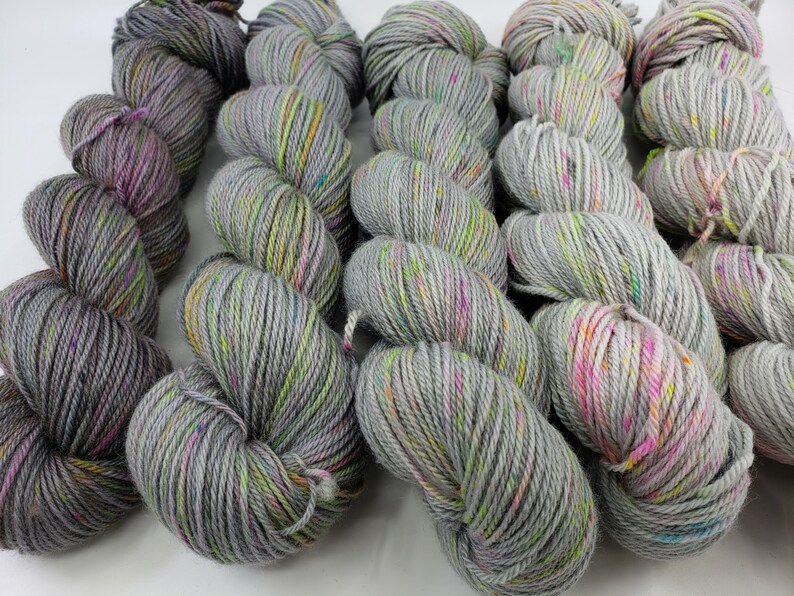 Polwarth wool DK yarn gradient kit 1625yds grey gradient with neon speckles 5 skeins