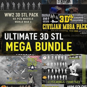May include: A collage of 3D STL miniature packs featuring military figures, vehicles, and aircraft. The packs include US Marines, Special Forces, WWII models, and a civilian mega pack. The image also includes a mega bundle of 3D STL files.