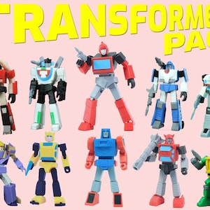 May include: A collection of colorful Transformers action figures. The figures are in various poses and feature a range of colors, including red, blue, yellow, and green. The word "TRANSFORMERS PACK" is displayed in yellow block letters above the figures.