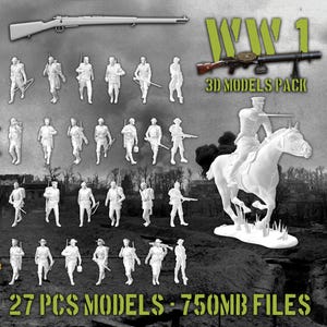 Puede incluir: Una colección de modelos 3D de soldados, armas y emblemas de la Primera Guerra Mundial. La imagen presenta varias figuras de soldados, un rifle, una ametralladora y emblemas de diferentes países. El texto en la imagen dice "WW1 3D MODELS PACK" y "27 PCS MODELS - 750MB FILES."