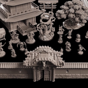May include: A collection of miniature Japanese-themed structures and figurines. The set includes a temple, a gate, a tree, and various warrior figures. The color palette is a muted brown, creating a cohesive and detailed display.