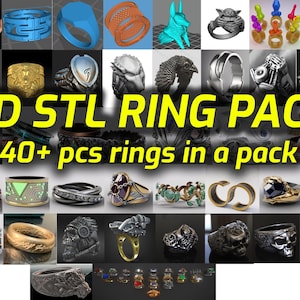 May include: A collection of 3D STL ring designs, showcasing a variety of styles. The image features rings with diverse themes, including skulls, geometric patterns, and fantasy creatures. Text reads "3D STL RING PACK" and "40+ pcs rings in a pack".