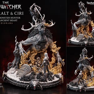 May include: A 3D printed diorama featuring Geralt and Ciri from The Witcher, depicting a monster hunter battling an ancient beast. The scene includes a large horned creature, skulls, and golden flames on a circular base with a wolf emblem.