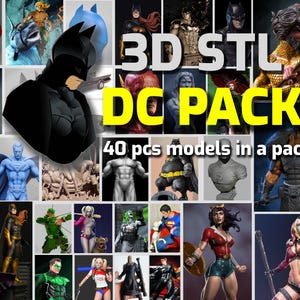 Könnte beinhalten: Eine Collage von DC Comics-Charaktermodellen, darunter Batman, Superman und Wonder Woman. Das Bild zeigt den Text "3D STL DC PACK" und "40 pcs models in a pack". Die Modelle sind in verschiedenen Posen und Stilen.