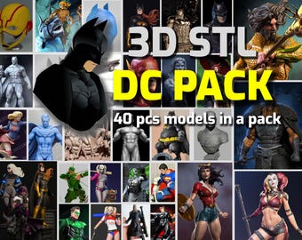 May include: A collage of DC Comics character models, including Batman, Superman, and Wonder Woman. The image features the text "3D STL DC PACK" and "40 pcs models in a pack". The models are in various poses and styles.