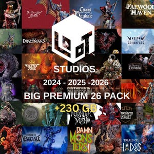May include: A promotional image featuring a collection of fantasy-themed digital art and game assets. The image showcases various titles, including "Abyssal Haze," "Faewood Haven," and "Trials of Hades." Text includes "LOT Studios," "Big Premium 26 Pack," and "+230 GB."