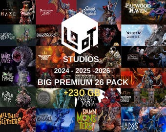 May include: A promotional image featuring a collection of fantasy-themed digital art and game assets. The image showcases various titles, including "Abyssal Haze," "Faewood Haven," and "Trials of Hades." Text includes "LOT Studios," "Big Premium 26 Pack," and "+230 GB."