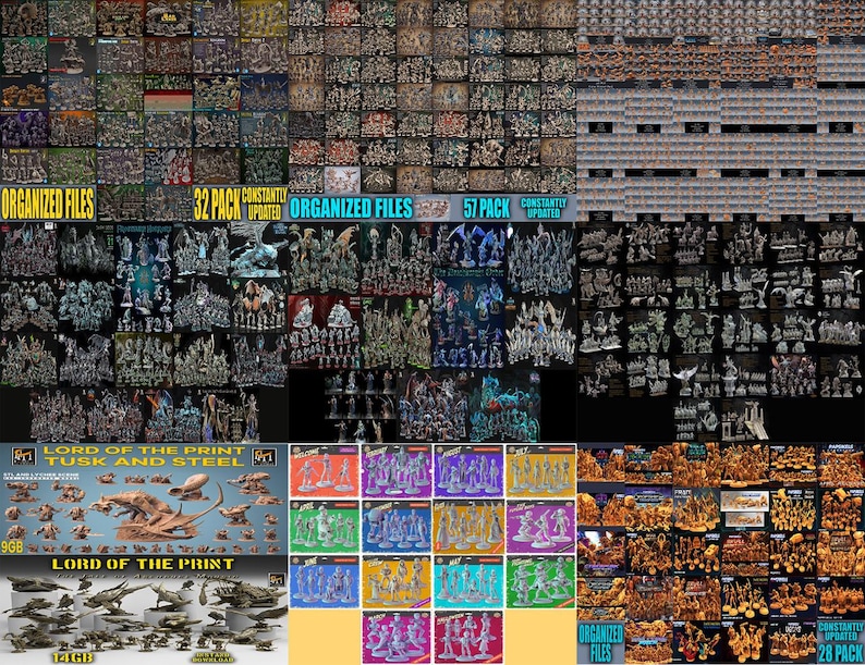 May include: A collection of miniature figurines and models, including fantasy creatures, soldiers, and vehicles. The image features various packs labeled "Organized Files" and "Constantly Updated", with the text "Lord of the Print" visible. The color palette includes shades of gray, brown, and blue.