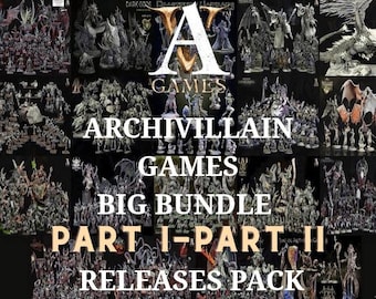 May include: A collage of miniature figurines, predominantly in shades of gray and white, arranged in various poses. The text "A GAMES ARCHIVILLAIN GAMES BIG BUNDLE PART I-PART II RELEASES PACK" is overlaid on the image, indicating a collection of game miniatures.