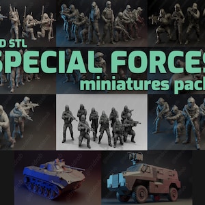 Op de afbeelding: Een verzameling 3D STL Special Forces miniaturen. De afbeelding toont verschillende soldatenfiguren in gevechtshoudingen, samen met miniatuur militaire voertuigen. De tekst "3D STL SPECIAL FORCES miniatures pack" wordt in grote, groene letters weergegeven.
