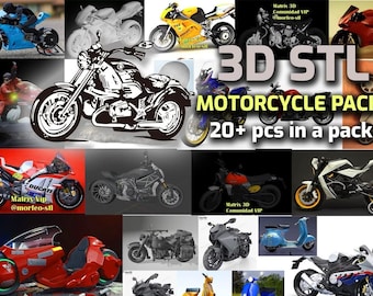 May include: A collage of motorcycle images, including a blue sport bike, a yellow Ducati, and a red futuristic scooter. The text "3D STL MOTORCYCLE PACK 20+ pcs in a pack" is displayed in the center.