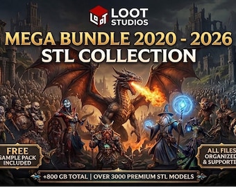 May include: Digital art promoting a Mega Bundle STL Collection from Loot Studios. The image features a dragon breathing fire, fantasy characters, and the text "MEGA BUNDLE 2020-2026 STL COLLECTION". Includes over 3000 premium STL models.