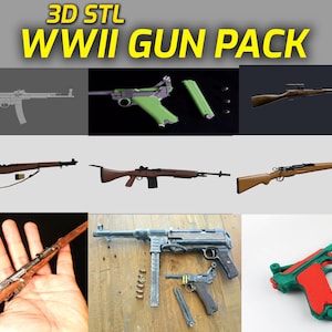 Könnte beinhalten: Eine Sammlung von 3D-STL-Modellen von Waffen aus dem Zweiten Weltkrieg. Das Bild zeigt verschiedene Schusswaffen, darunter Gewehre, Pistolen und Maschinenpistolen, in verschiedenen Farben und Designs. Der Text "3D STL WWII GUN PACK" befindet sich oben im Bild.