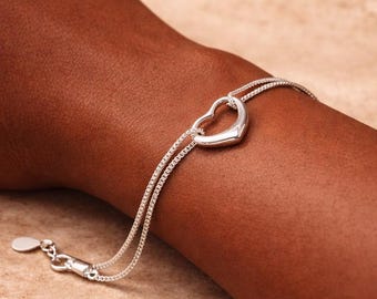 Pulsera de cadena con forma de corazón en plata de ley • Regalo para dama de honor • Regalo para San Valentín