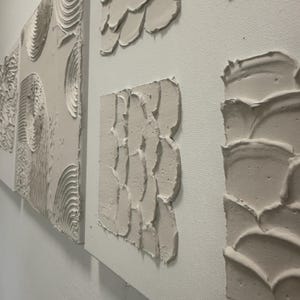 May include: A series of textured, abstract wall art pieces. The artwork features raised, layered textures in a neutral, off-white color, creating a tactile and dimensional effect. The pieces are mounted on white canvas, showcasing a modern aesthetic.