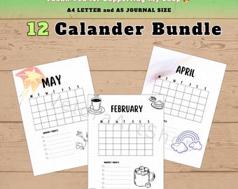Paquete de páginas de calendario de 12 meses / Páginas de planificador con portada IMPRIMIBLES y DIGITALES / Tamaños A5 y A4