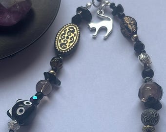 Cat Phone Charm - Healing Crystal Beaded Wrist Strap/Wristlet - Cat Lover Kitten Gift