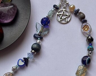 Pentacle Phone Charm - Healing Crystal Beaded Wrist Strap/Wristlet - Celestial Astrology Witchy Gift pentagram