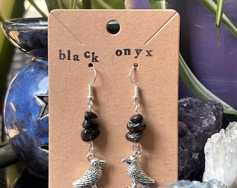 Raven Healing Crystal Earrings - Any Gemstone Custom - Sterling Silver Witchy Bird Crow Gift