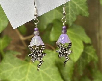 Amethyst Flower Fairy Earrings - Sterling Silver 925 Czech Glass Purple Jewellery Fairycore Gift