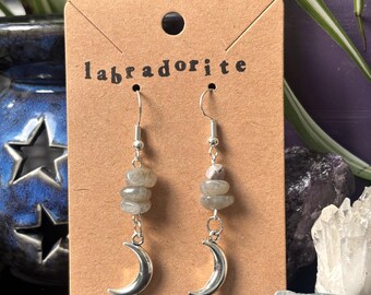 Healing Crystal Crescent Moon Earrings Sterling Silver - Any Gemstone Custom Lunar Astrology Gift