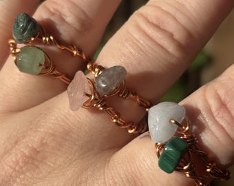 Wire Wrapped Adjustable Healing Crystal Ring - Copper, Silver, Gold - Custom Any Gemstone Witchy Gift