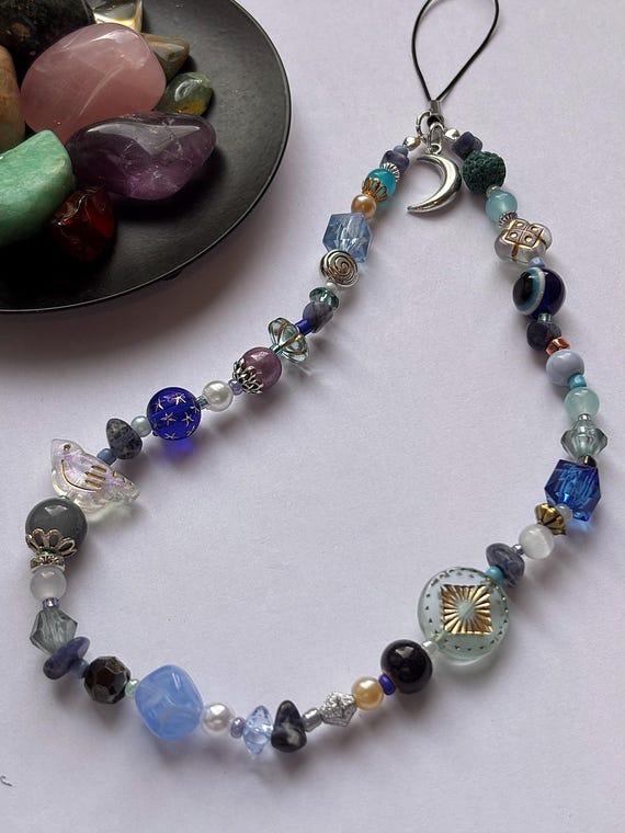 Moon Phone Charm - Healing Crystal Beaded Wrist Strap/Wristlet - Celestial Astrology Lunar Gift
