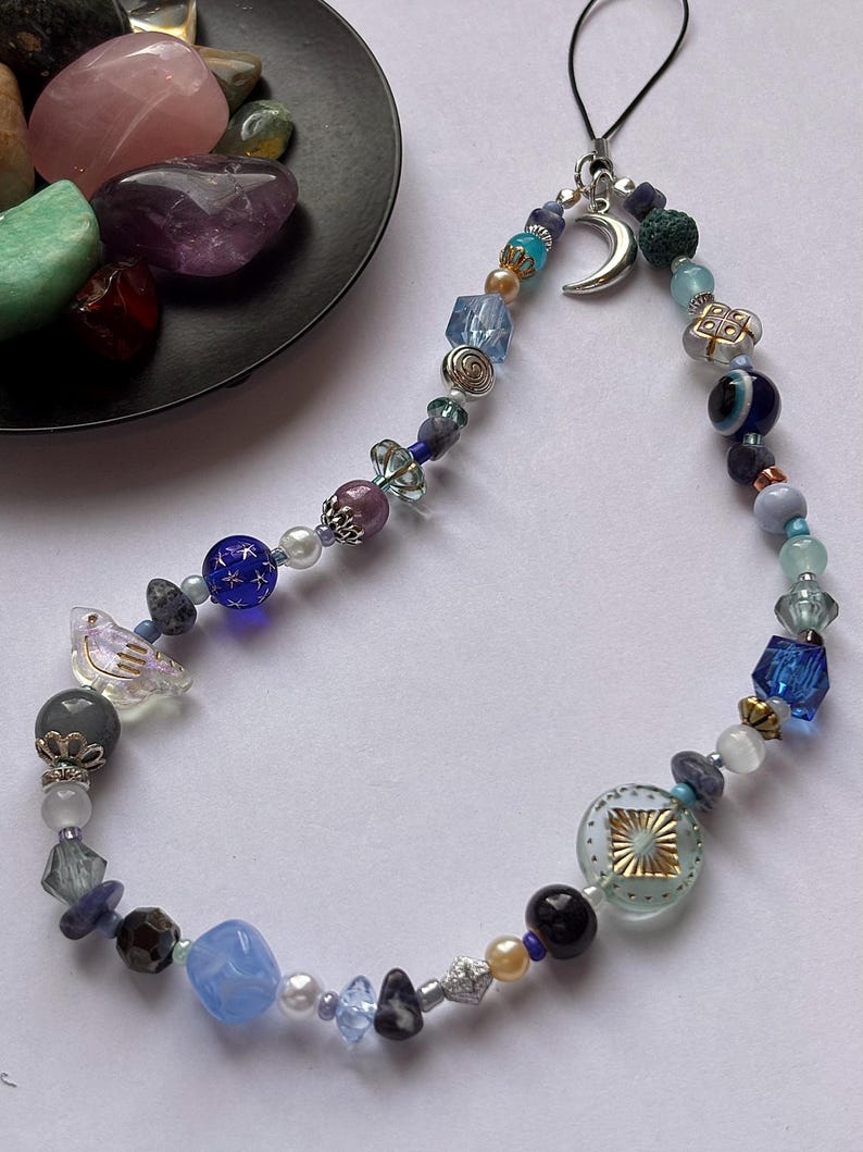 Moon Phone Charm - Healing Crystal Beaded Wrist Strap/Wristlet - Celestial Astrology Lunar Gift Sodalite - Blue