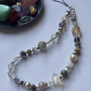 Healing Crystal Phone Charm - Beaded Wrist Strap/Wristlet - Custom Gemstone Gift Labradorite - Grey