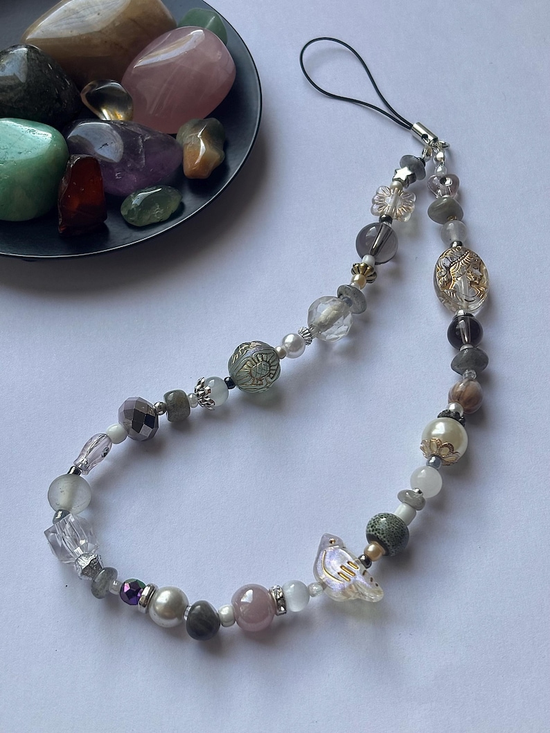 Healing Crystal Phone Charm - Beaded Wrist Strap/Wristlet - Custom Gemstone Gift Labradorite - Grey