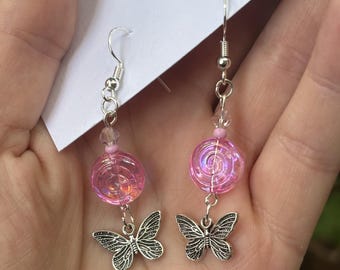 Pink Butterfly Spiral Earrings - Sterling Silver 925 Czech Glass Swirl Jewellery - y2k Fairycore Gift