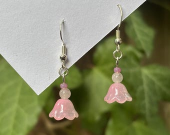 Rose Quartz Flower Earrings - Sterling Silver 925 Czech Glass Pink Jewellery Fairycore Gift