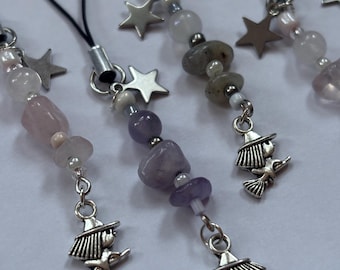 Lucky Witch Healing Crystal Phone Charm Wristlet Wrist Strap - Amethyst Labradorite Rose Quartz witchy gift