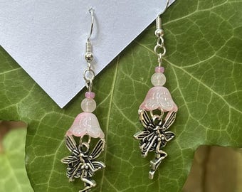 Rose Quartz Flower Fairy Earrings - Sterling Silver 925 Czech Glass Pink Jewellery Fairycore Gift
