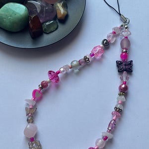 Healing Crystal Phone Charm - Beaded Wrist Strap/Wristlet - Custom Gemstone Gift Rose Quartz - Pink