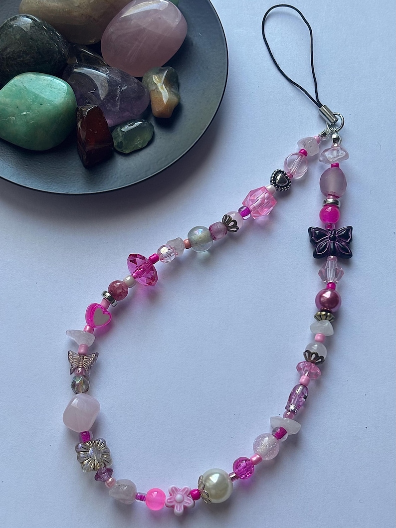 Healing Crystal Phone Charm - Beaded Wrist Strap/Wristlet - Custom Gemstone Gift Rose Quartz - Pink